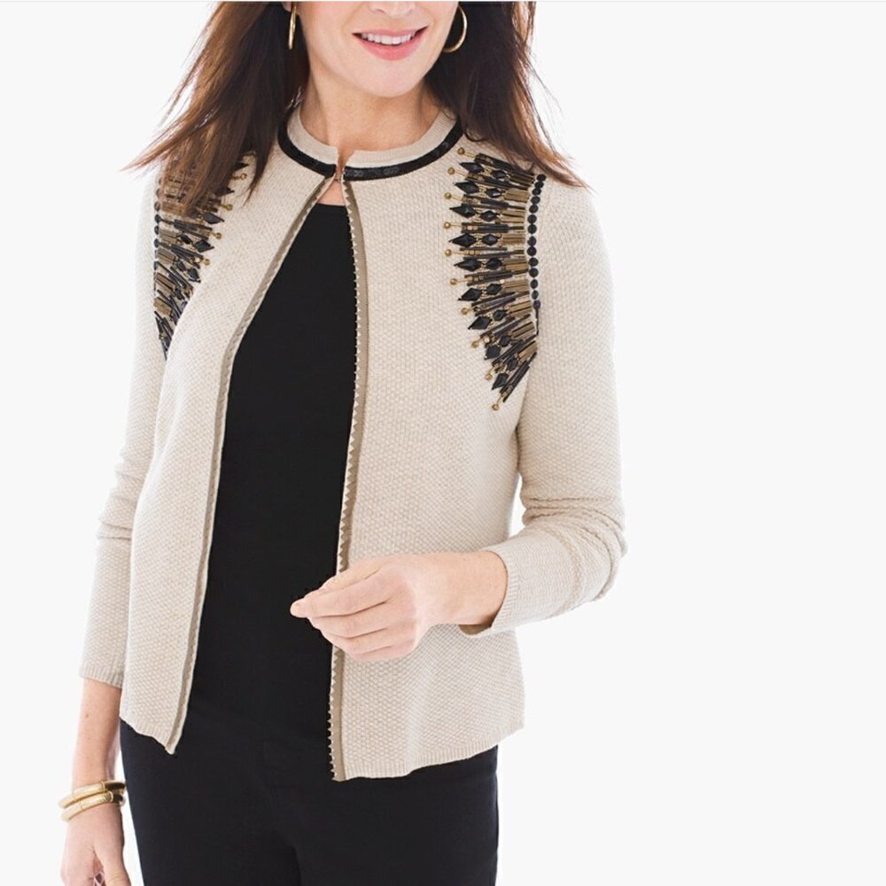 Chico's beaded seed stitch knit oatmeal cardigan size P2